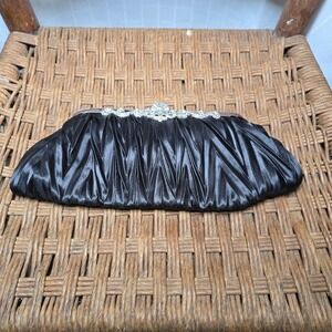Elegant Black Pleated Satin Clutch Filigree 1 Short Chain 1 Shoulder Length
